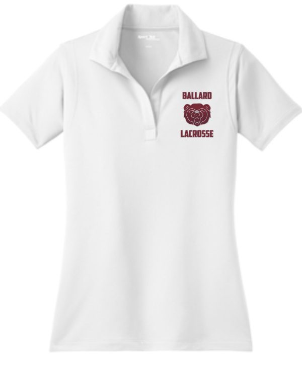 White Ballard Lacrosse Womens Sport Wick embroidered polo LST650 with a logo on the left chest.