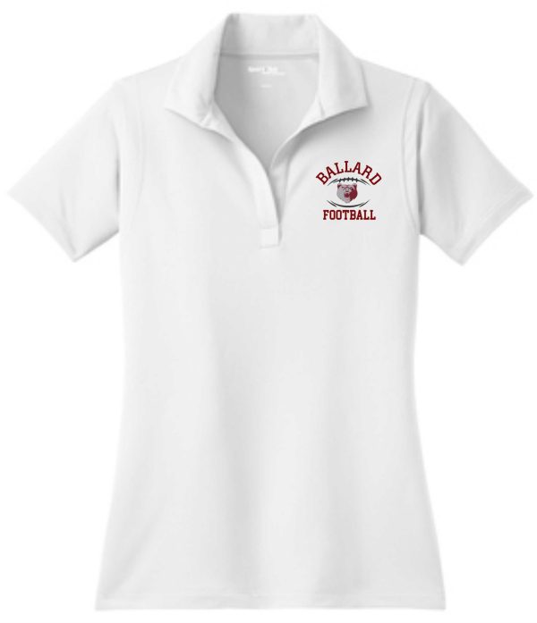 White Ballard Football Men's Sport Wick embroidered polo ST650 with the text "ballard football" embroidered on the left chest.