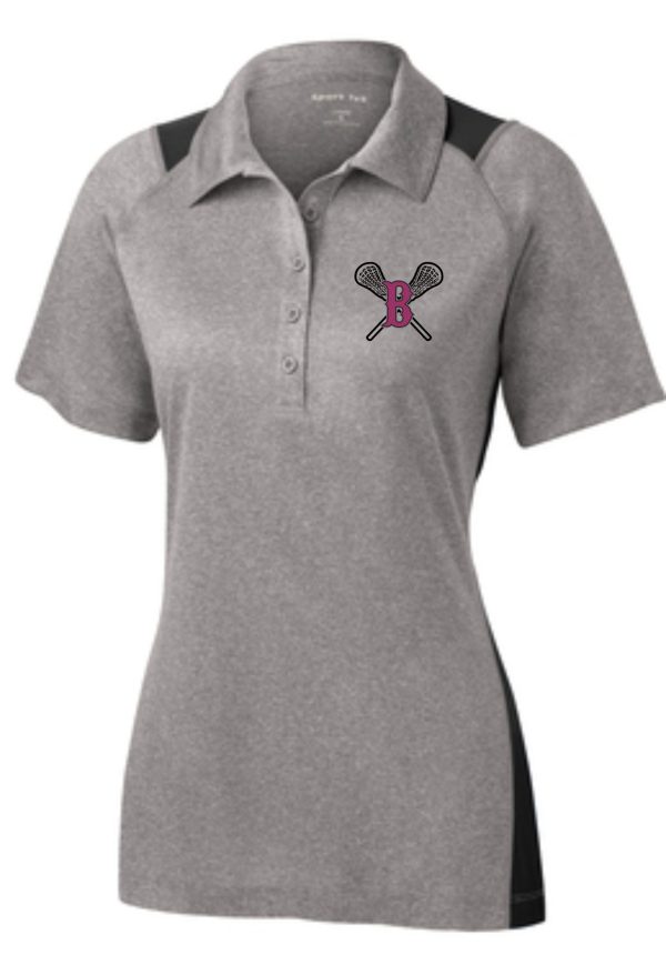 Ballard LAX Heather Contender Ladies polo LST665 with a logo of crossed badminton rackets and a shuttlecock on the left chest area.