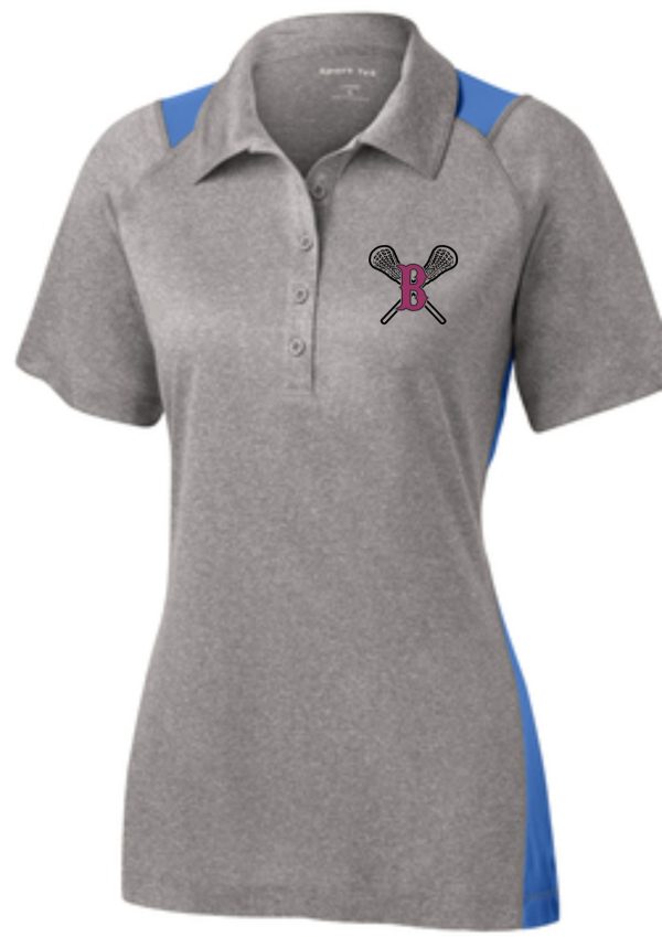 Ballard LAX Heather Contender Ladies polo shirt with a collar featuring a small logo of crossed badminton rackets on the chest.