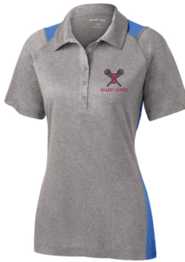 Gray and blue "Ballard Lacrosse Heather Contender Ladies polo LST665" with a lacrosse logo on the chest labeled "Ballard lacrosse.