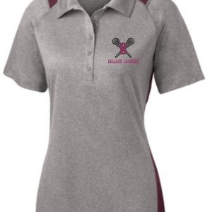 Gray and burgundy Ballard Lacrosse Heather Contender Ladies polo LST665 with "ballard lacrosse" logo on the chest.