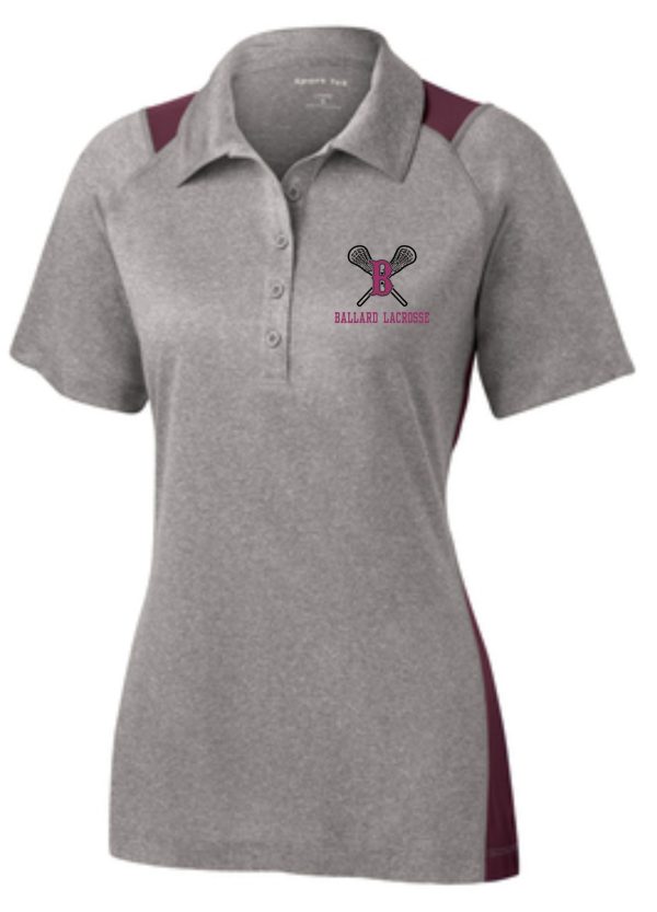 Gray and burgundy Ballard Lacrosse Heather Contender Ladies polo LST665 with "ballard lacrosse" logo on the chest.