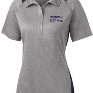 Gray and blue Derby City AC Heather Contender Ladies polo LST665 with "derby city r.c." logo on the chest.