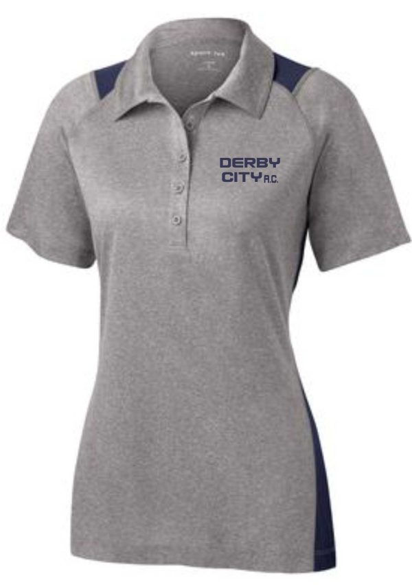 Gray and blue Derby City AC Heather Contender Ladies polo LST665 with "derby city r.c." logo on the chest.