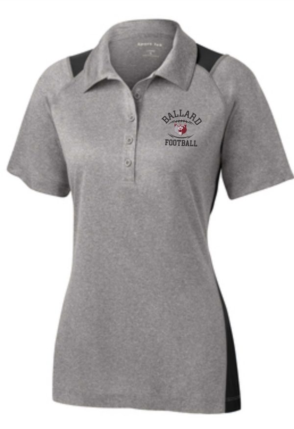 A Ballard Football Heather Contender Ladies polo LST665 with black shoulder panels, featuring an embroidered logo that reads "ballard football" on the left chest.