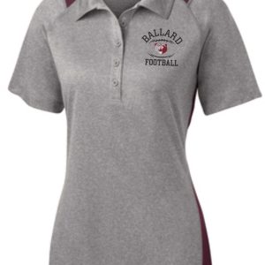 Grey and maroon Ballard Football Heather Contender Ladies polo LST665 with "ballard football" logo embroidered on the left chest area.