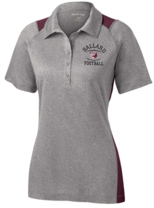 Grey and maroon Ballard Football Heather Contender Ladies polo LST665 with "ballard football" logo embroidered on the left chest area.