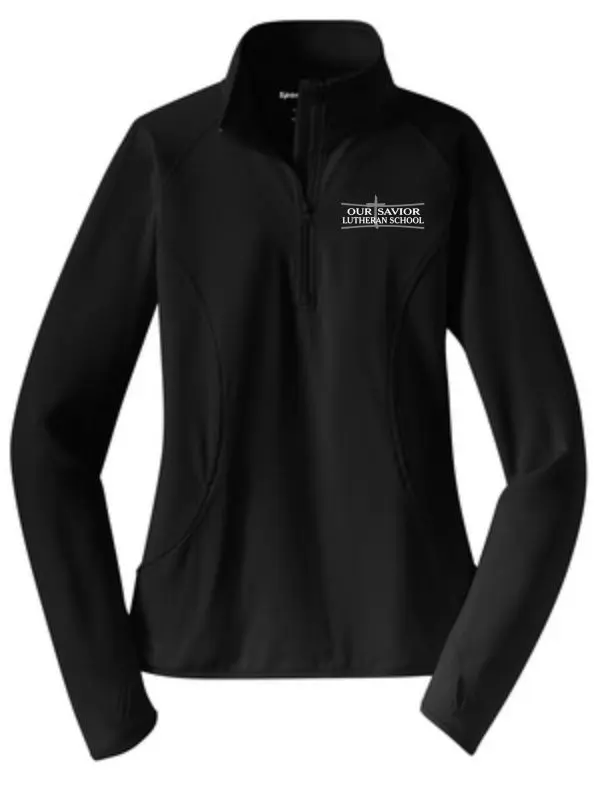 Black OSLS Ladies 1/2 zip embroidered stretch pullover with the "our savior lutheran school" logo embroidered on the left chest area.