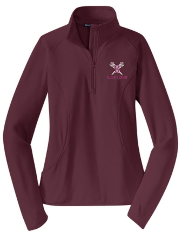 Maroon athletic jacket with a quarter zip, featuring a "Ballard Lacrosse Ladies 1/2 zip pullover LST850" logo on the left chest area.