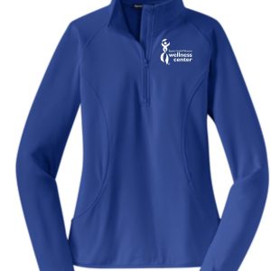 Blue women's zip-up jacket with logo.