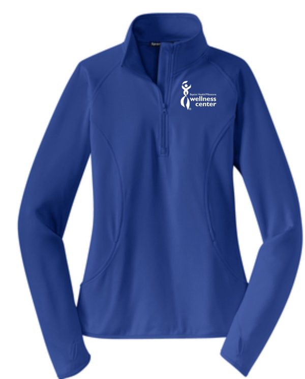 Blue women's zip-up jacket with logo.