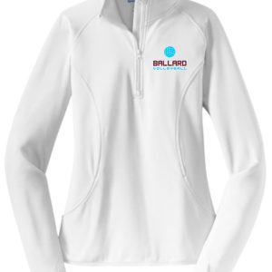 Ballard Volleyball White Ladies 1/2 zip pullover LST850 with logo reading "ballard volleyball" on the left chest, featuring long sleeves and side panel detail.