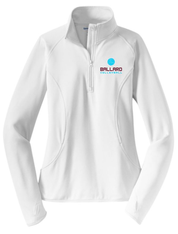 Ballard Volleyball White Ladies 1/2 zip pullover LST850 with logo reading "ballard volleyball" on the left chest, featuring long sleeves and side panel detail.