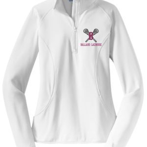 Ballard Lacrosse Ladies 1/2 zip pullover LST850 with "ballard lacrosse" and a logo featuring crossed lacrosse sticks on the left chest.