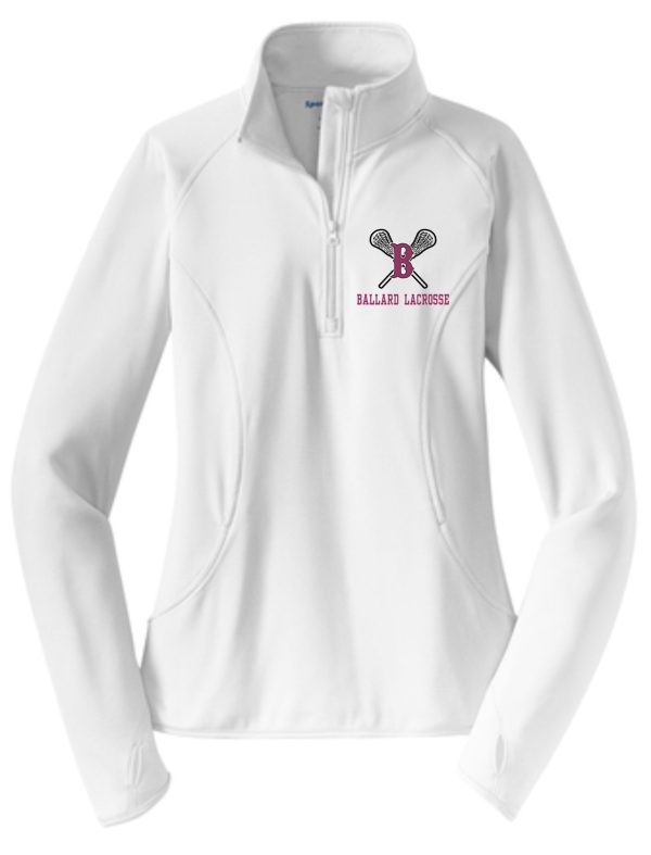 Ballard Lacrosse Ladies 1/2 zip pullover LST850 with "ballard lacrosse" and a logo featuring crossed lacrosse sticks on the left chest.