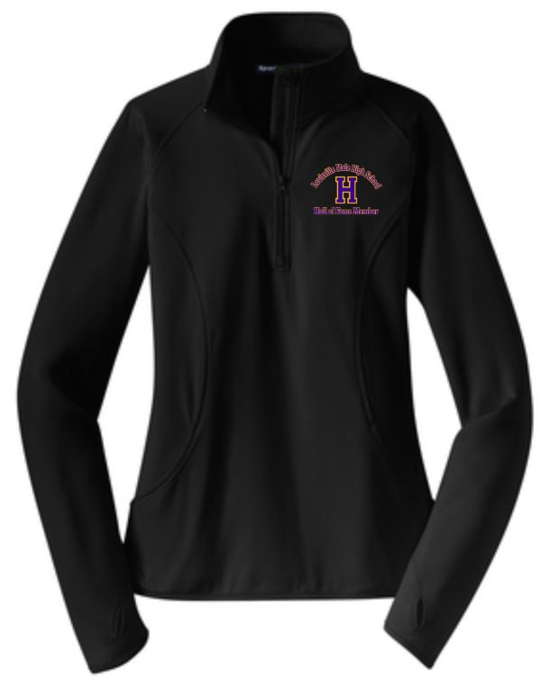 Black women's quarter zip jacket with logo.