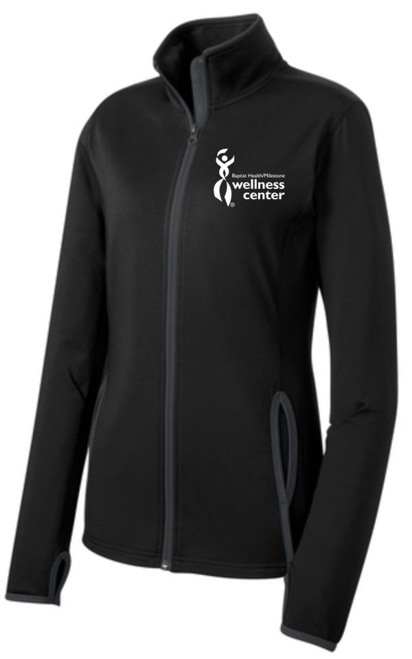 Black zip-up jacket with wellness center logo.