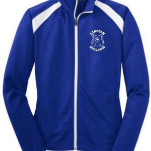 Blue and white track jacket with bulldog logo.