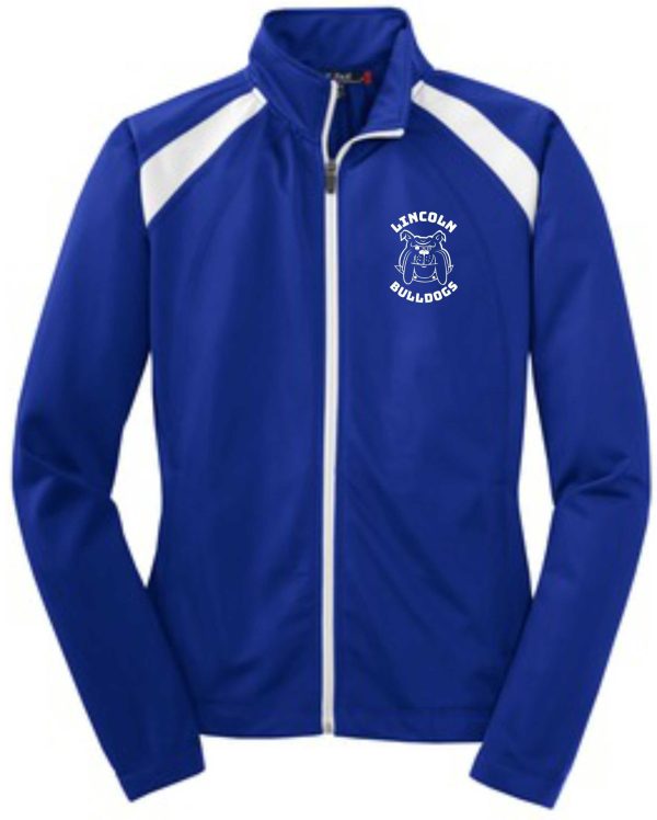 Blue and white track jacket with bulldog logo.