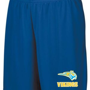 Blue athletic shorts with Vikings logo.