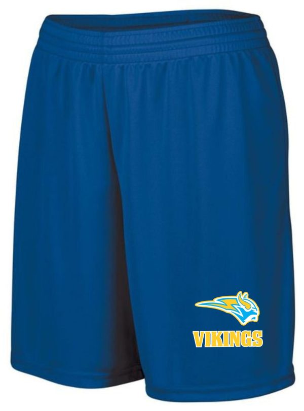 Blue athletic shorts with Vikings logo.