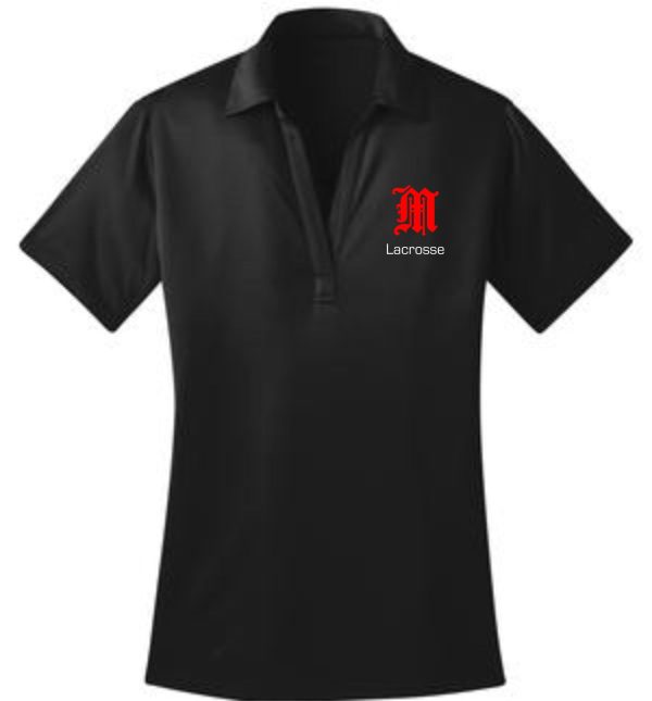 Black lacrosse polo with red M logo.