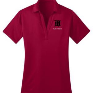 Red women's lacrosse polo shirt with logo.