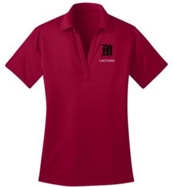 Red women's lacrosse polo shirt with logo.