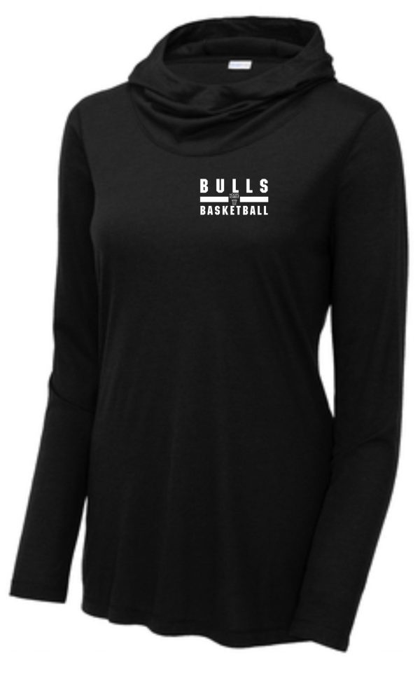 Hoops for Christ LADIES CUT TriBlend words hoodie LST406 long-sleeve hoodie with a cowl neck featuring the text "bulls basketball" in white letters on the front.