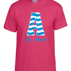 Pink t-shirt with blue chevron A and St. Albert.