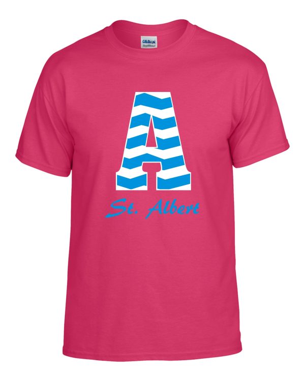 Pink t-shirt with blue chevron A and St. Albert.