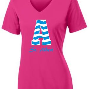 Pink t-shirt with a blue and white A.