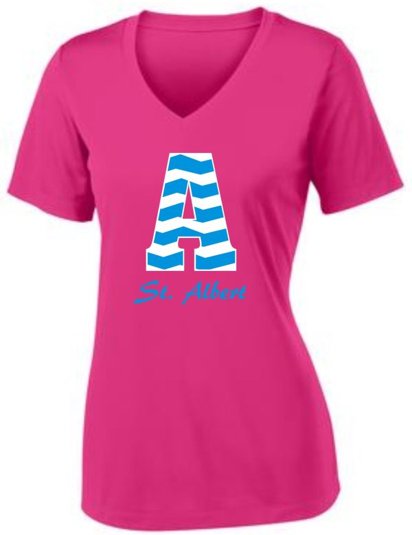 Pink t-shirt with a blue and white A.