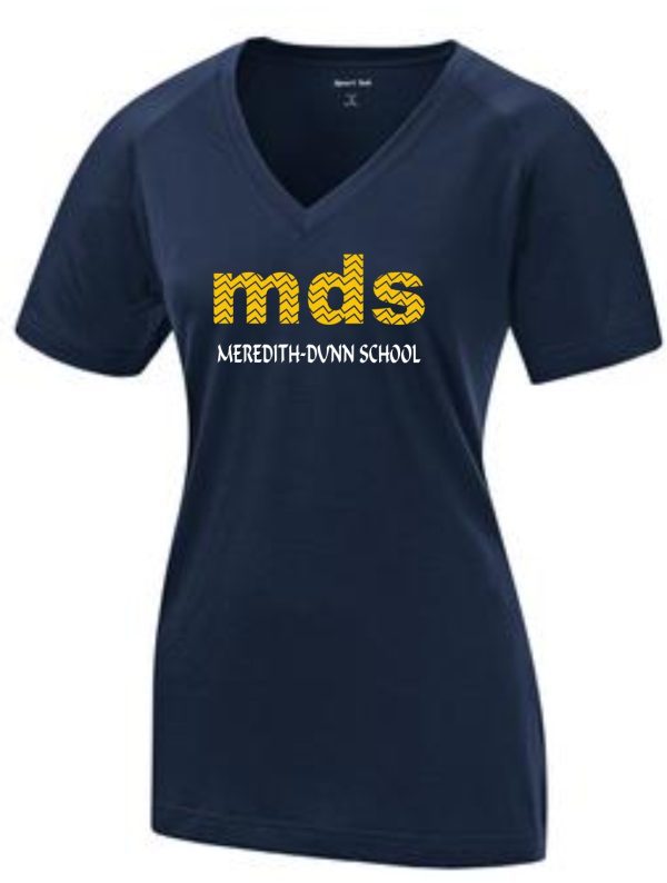 Navy blue Meredith-Dunn Ladies V Neck jersey with MDS stripes printed across the chest.