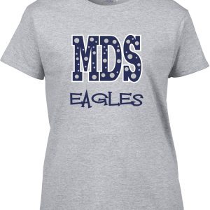 Meredith-Dunn gray t-shirt with "mds eagles" printed in blue and white collegiate-style lettering.