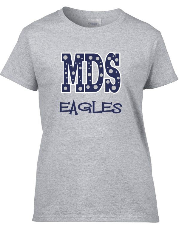 Meredith-Dunn gray t-shirt with "mds eagles" printed in blue and white collegiate-style lettering.