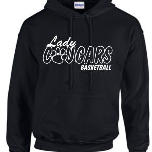 CEC Girls Basketball Lady Cougars Black Hooded sweatshirt G185 with featuring stylized script and a basketball graphic.