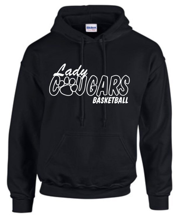 CEC Girls Basketball Lady Cougars Black Hooded sweatshirt G185 with featuring stylized script and a basketball graphic.