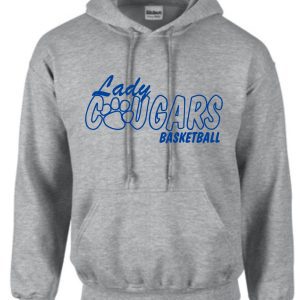 CEC Girls Basketball Lady Cougars Gray Hooded sweatshirt G185 with "lady cougars basketball" and a paw print graphic printed on the front.