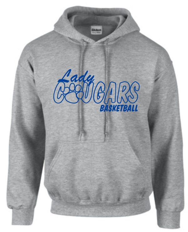 CEC Girls Basketball Lady Cougars Gray Hooded sweatshirt G185 with "lady cougars basketball" and a paw print graphic printed on the front.