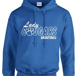 CEC Girls Basketball Lady Cougars Royal Hooded sweatshirt G185 with a paw print graphic design.