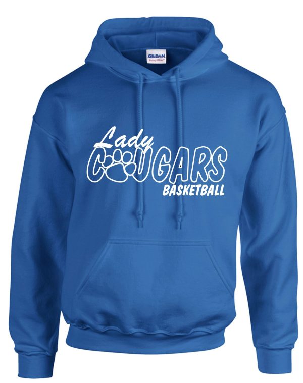 CEC Girls Basketball Lady Cougars Royal Hooded sweatshirt G185 with a paw print graphic design.