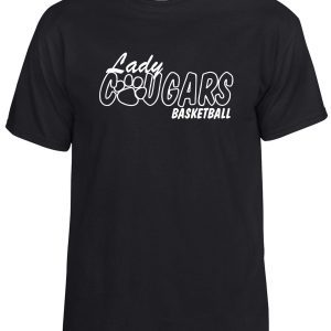 CEC Girls Basketball Lady Cougars Black G8000 t-shirt with a graphic of a basketball on the front.