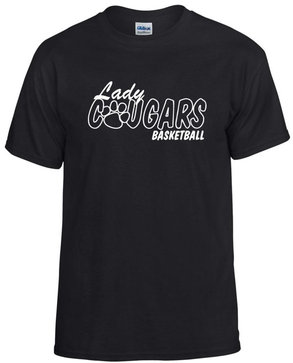 CEC Girls Basketball Lady Cougars Black G8000 t-shirt with a graphic of a basketball on the front.