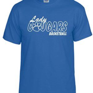 CEC Girls Basketball Lady Cougars Royal G8000 t-shirt featuring the white text "lady cougars basketball" with a graphic of a basketball below the text.