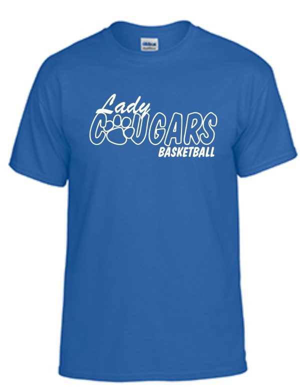 CEC Girls Basketball Lady Cougars Royal G8000 t-shirt featuring the white text "lady cougars basketball" with a graphic of a basketball below the text.