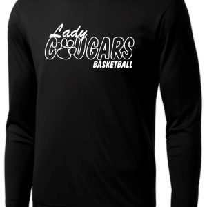 CEC Girls Basketball Lady Cougars Black moisture wick ST350LS with the white text "lady cougars basketball" and a graphic of a basketball.