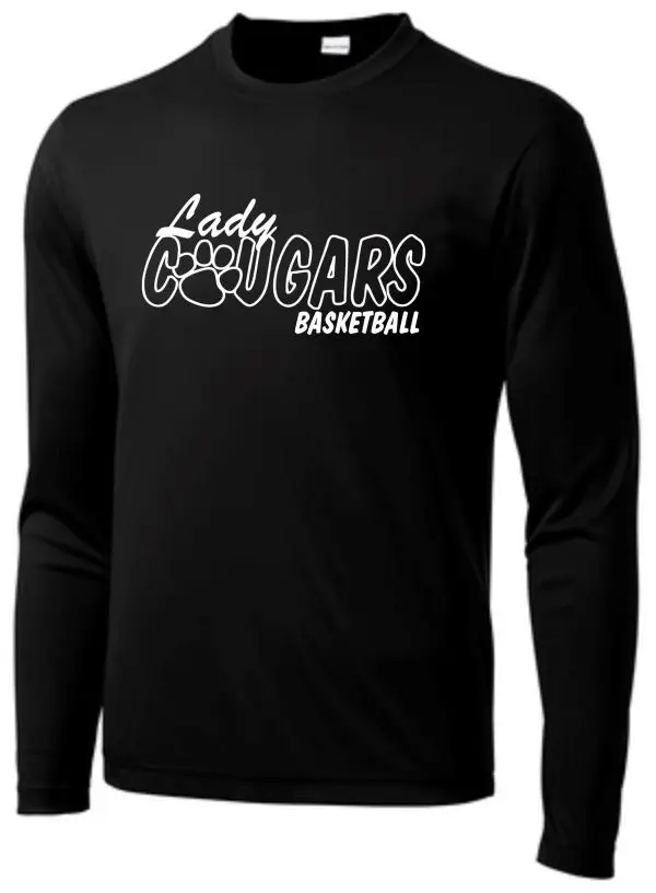 CEC Girls Basketball Lady Cougars Black moisture wick ST350LS with the white text "lady cougars basketball" and a graphic of a basketball.