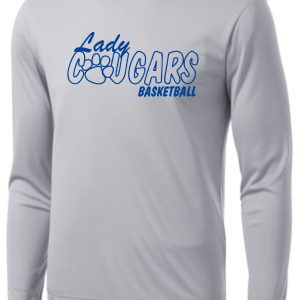 CEC Girls Basketball Lady Cougars Gray moisture wick ST350LS long-sleeved sports shirt with a logo featuring a basketball and paw print in blue on the chest.